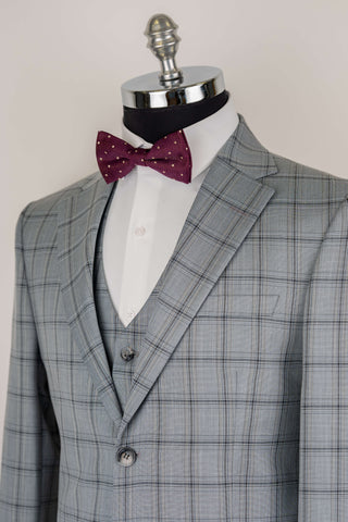 Light grey Azzaro slim fit suit with a vest and a plaid pattern