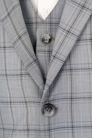 Light grey Azzaro slim fit suit with a vest and a plaid pattern