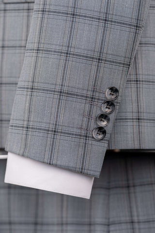 Light grey Azzaro slim fit suit with a vest and a plaid pattern