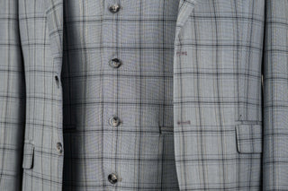 Light grey Azzaro slim fit suit with a vest and a plaid pattern