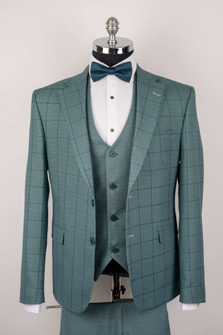 Dark eucalyptus green Moda Vinci slim fit suit with a vest and a plaid pattern