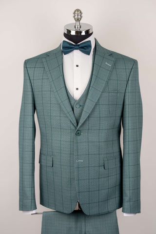 Dark eucalyptus green Moda Vinci slim fit suit with a vest and a plaid pattern