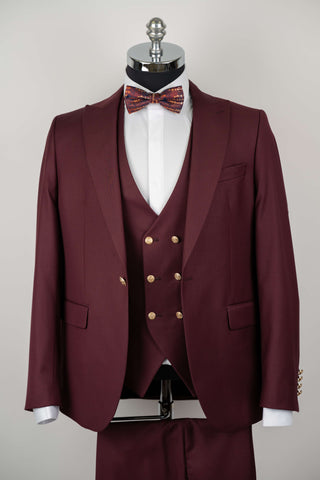Burgundy Quesste slim fit suit with gold buttons and a double-breasted vest