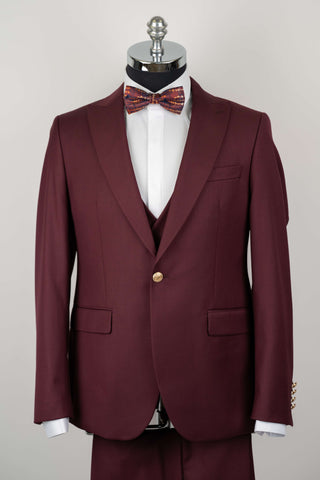 Burgundy Quesste slim fit suit with gold buttons and a double-breasted vest
