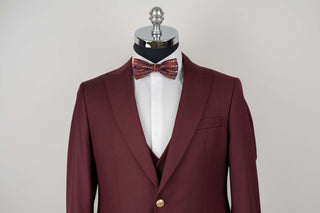 Burgundy Quesste slim fit suit with gold buttons and a double-breasted vest