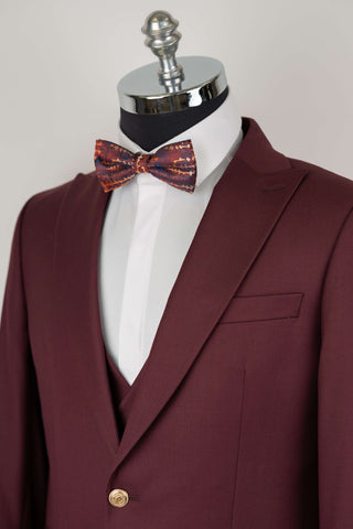 Burgundy Quesste slim fit suit with gold buttons and a double-breasted vest