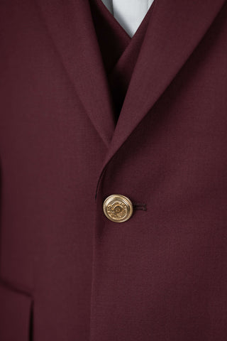Burgundy Quesste slim fit suit with gold buttons and a double-breasted vest