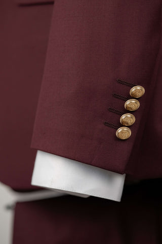 Burgundy Quesste slim fit suit with gold buttons and a double-breasted vest