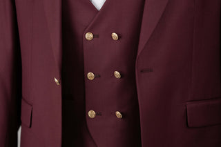 Burgundy Quesste slim fit suit with gold buttons and a double-breasted vest