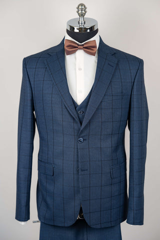 Dark blue Moda Vinci regular fit suit with a vest and a plaid pattern