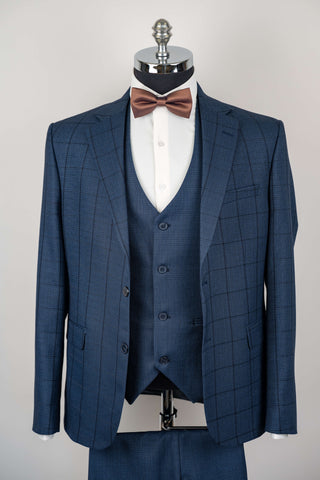 Dark blue Moda Vinci regular fit suit with a vest and a plaid pattern