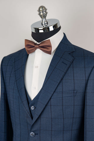 Dark blue Moda Vinci regular fit suit with a vest and a plaid pattern