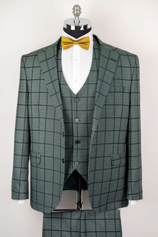 Green Moda Vinci regular fit suit with a vest and a plaid pattern