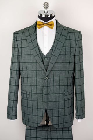 Green Moda Vinci regular fit suit with a vest and a plaid pattern